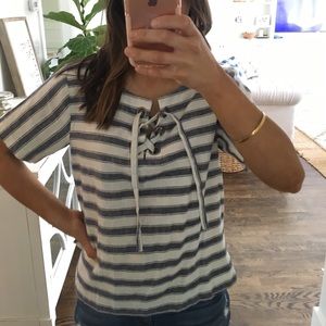 Madewell Striped Blue & White Lace Up Top Sz Sm